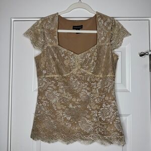 Cynthia Rowley Gold Metallic Lace Top Sweetheart Neck Baby Dool Y2K Style Medium